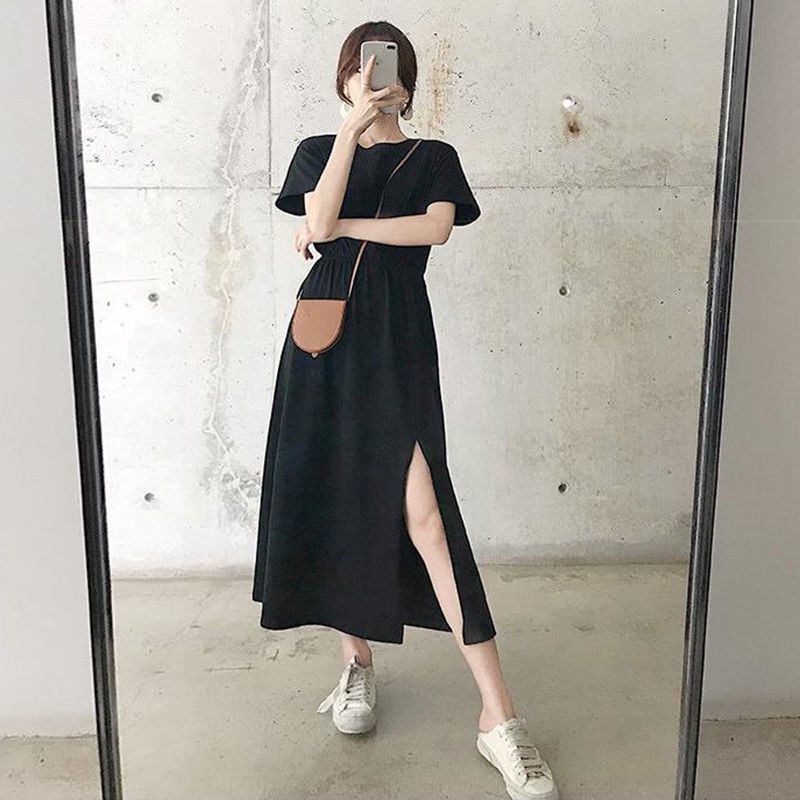 Đầm Dài Qua Gối Tay Ngắn Dáng Rộng Xẻ Tà Phong Cách Hàn Quốc Thời Trang Mới Cho Nữ