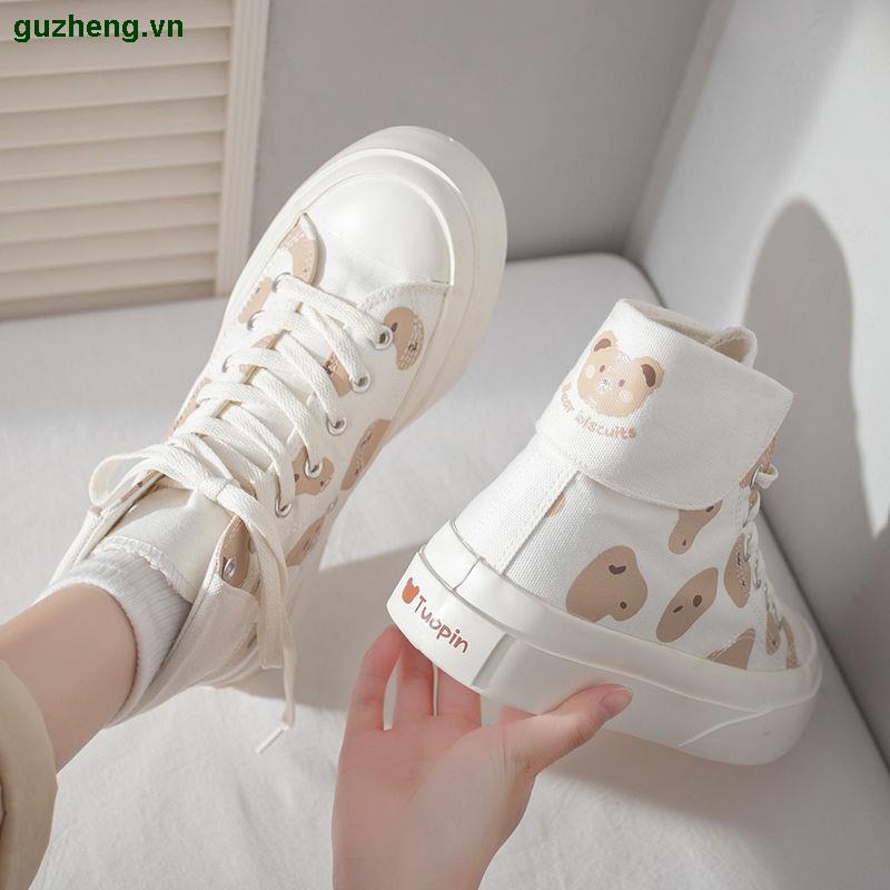 Giày thể thao nữ vải canvas cổ cao dễ thương phong cách ulzzang Hàn Quốc 2021