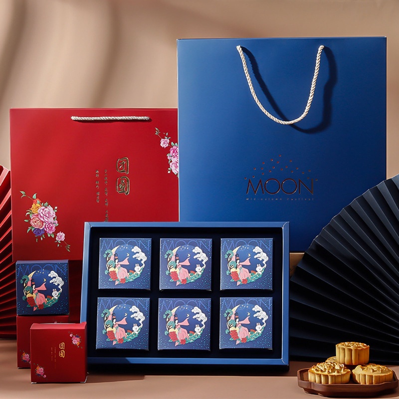 Hộp Đựng Bánh Trung Thu 4 Ngăn Bằng Giấy Có Nắp Dùng Trang Trí Lễ Hội
