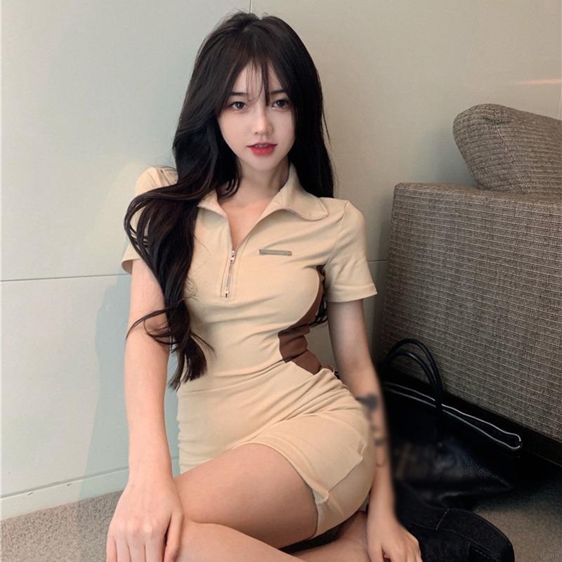 Đầm ngắn tay dáng ôm phối khóa kéo màu sắc retro quyến rũ cho nữ