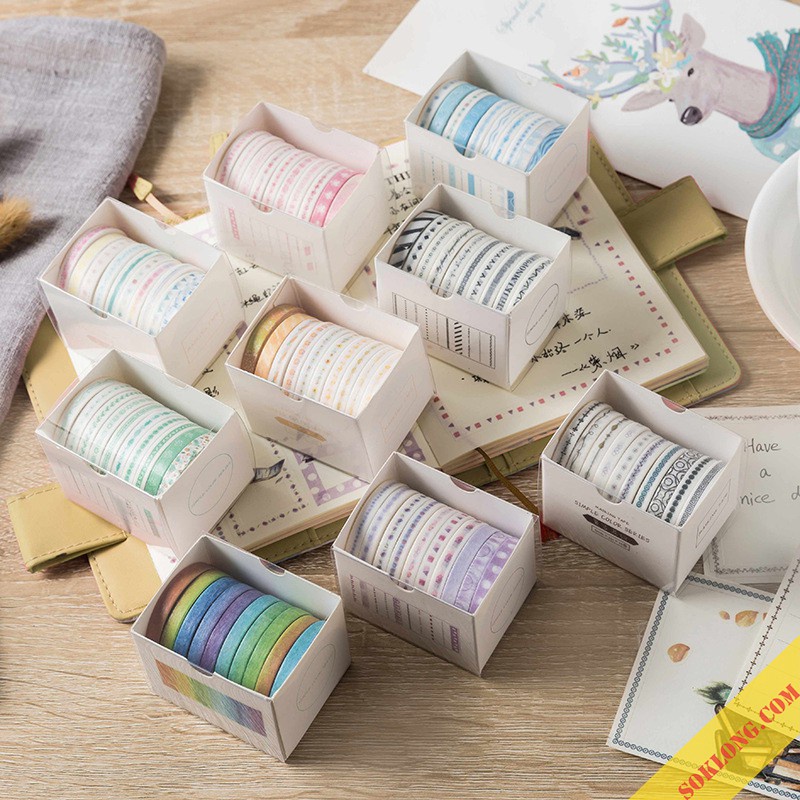 Bộ 10 cuộn washi tape trang trí dán bullet journal, set băng dính washi dễ thương WA06