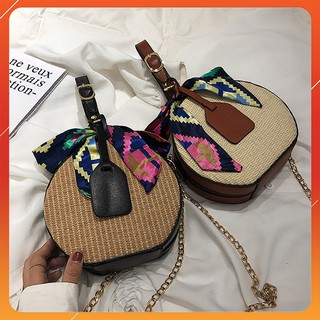 Túi cói hộp tròn đeo tay tặng kèm khăn hoa thắt nơ và dây đeo chéo