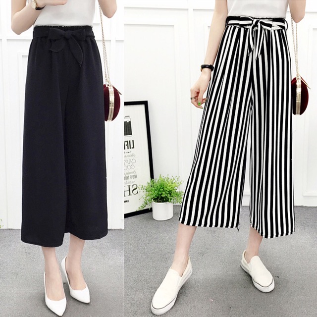 Quần Culottes nữ thắt nơ eo kẻ sọc chấm bi