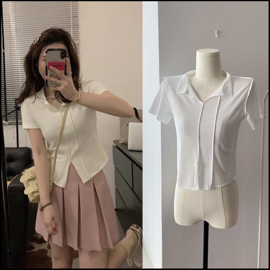 Áo Thun Tay Ngắn Cổ Chữ V Xẻ Tà Dáng Ôm Màu Trắng Thời Trang Cho Nữ