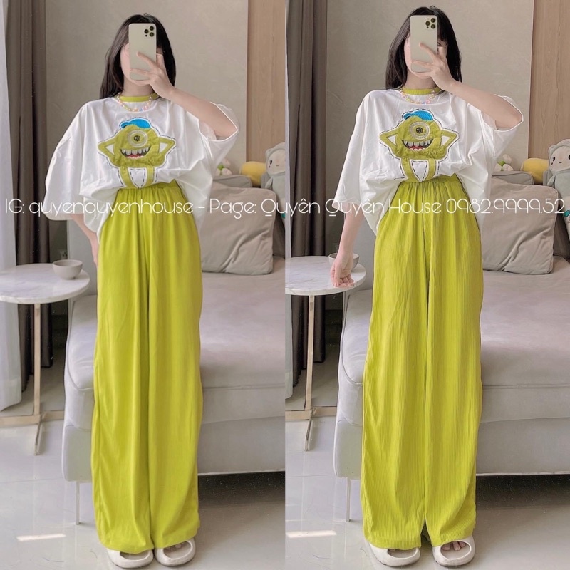 Set quần suông xanh áo thun cotton thêu - HN Closet
