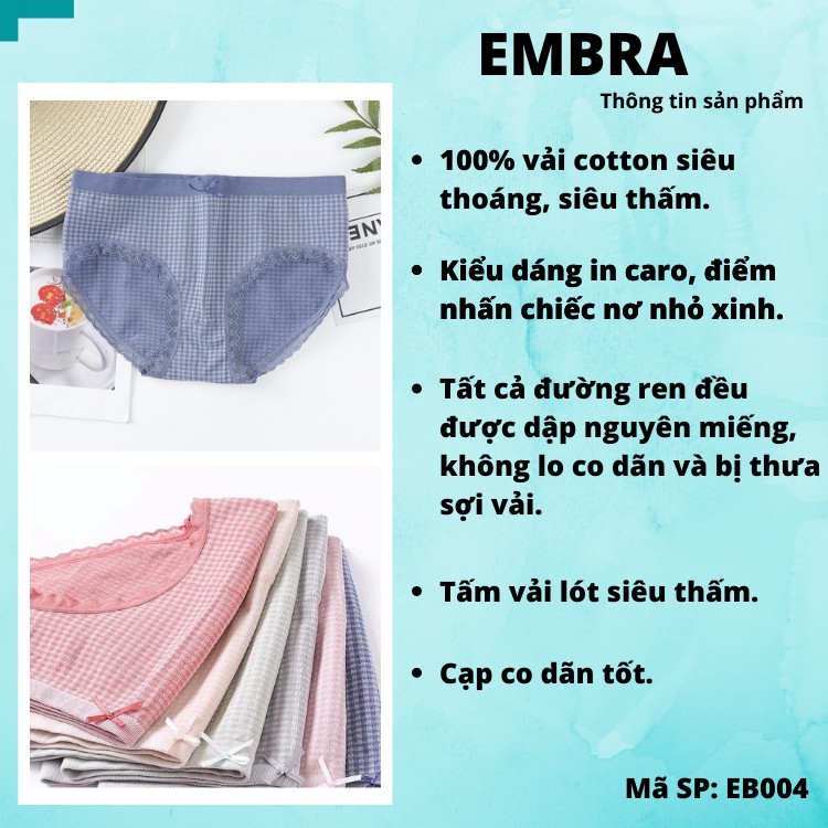 Quần Lót Nữ Cotton Embra Siêu Thoáng Hoạ Tiết Caro, Quần lót mềm mại Viền Ren Kháng Khuẩn Mã EBQL03