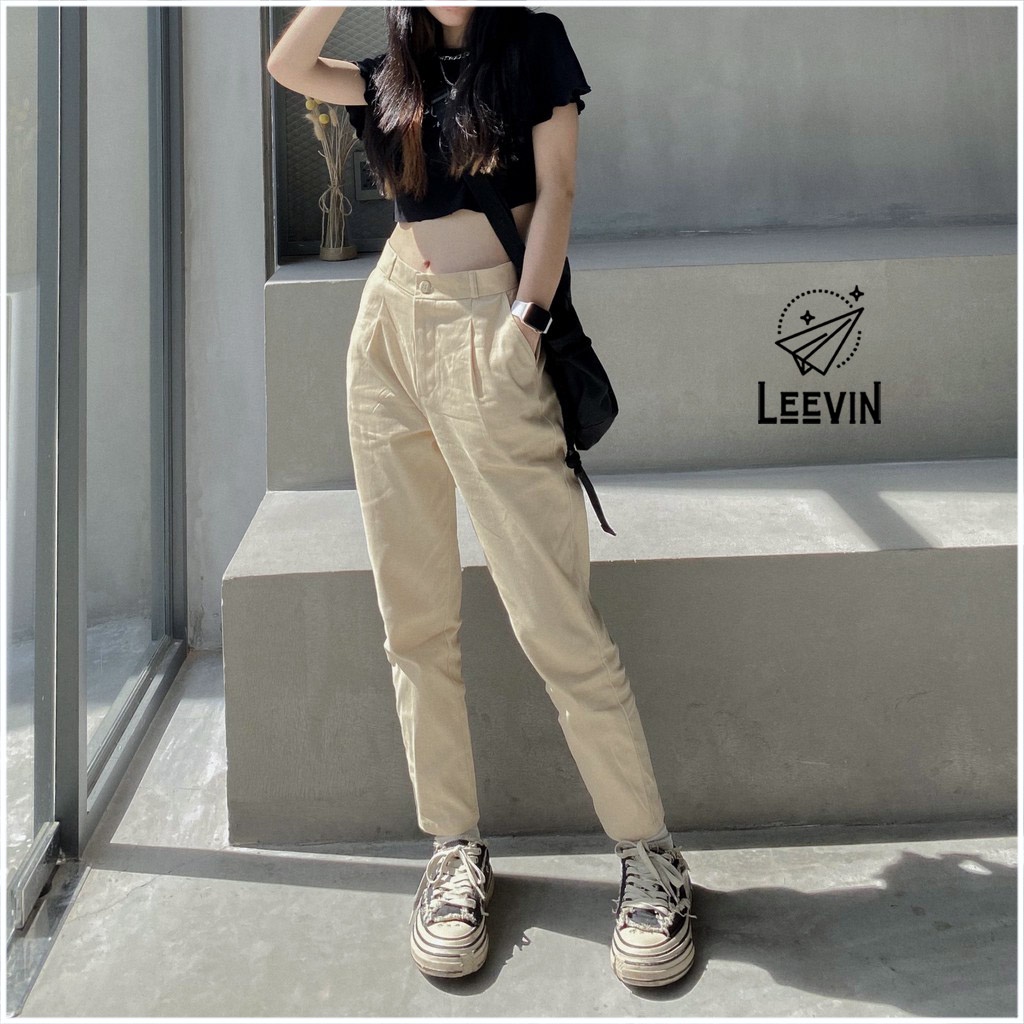 Quần Baggy Nữ Kaki Lưng Thun Ống Suông Cạp Cao Ulzzang - Kiểu quần kaki nữ lưng cao baggy màu trắng đen be Leevin Store