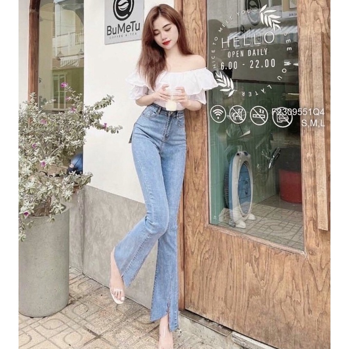 Quần jean ống loe lai so le chẻ trước TT1506