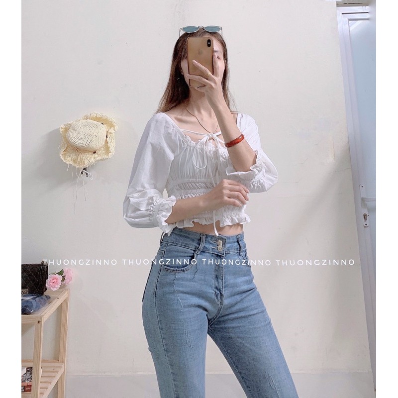[Ảnh thật/Video]Áo croptop nàng thơ phong cách Hàn Quốc mặc được nhiều kiểu Áo croptop sang chảnh