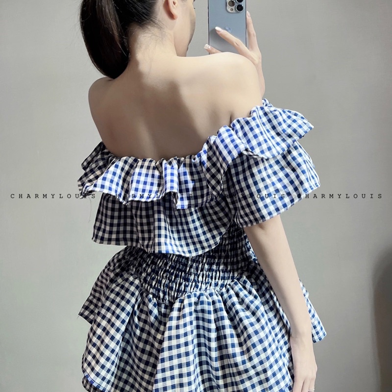 Đầm Tầng Bẹt Vai Caro Xanh