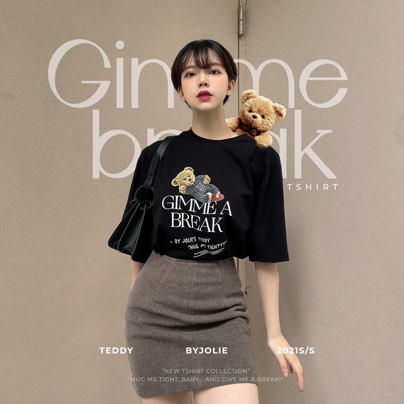 Áo phông unisex &quot;GIMME A BREAK&quot; Byjolie chất cotton thoáng mát đen trắng be