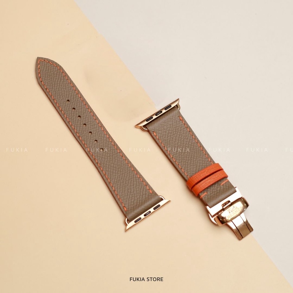 Dây da thủ công Epsom nâu tây mix cam dành cho Apple Watch, đồng hồ thông minh, đồng hồ cơ DDTC204