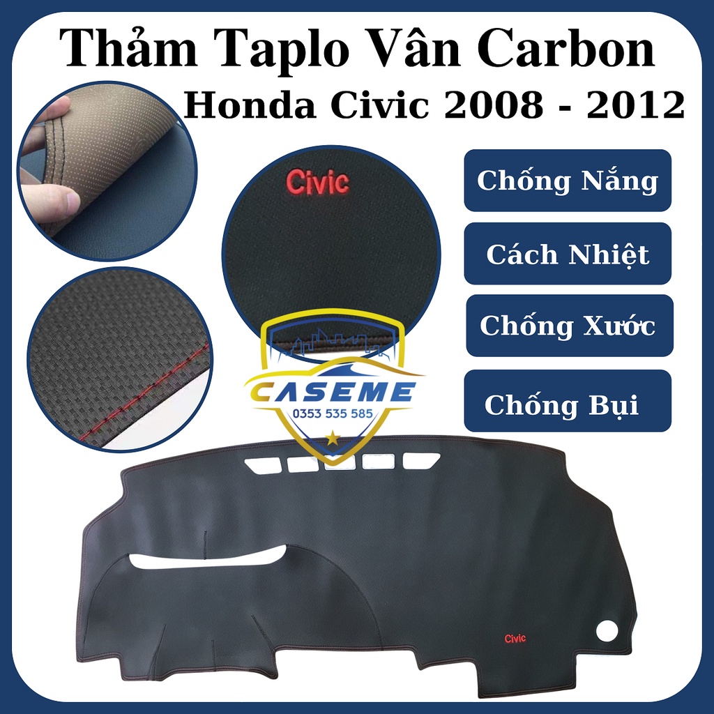 Thảm da Taplo Honda Civic 2008 - 2012 vân Carbon cao cấp