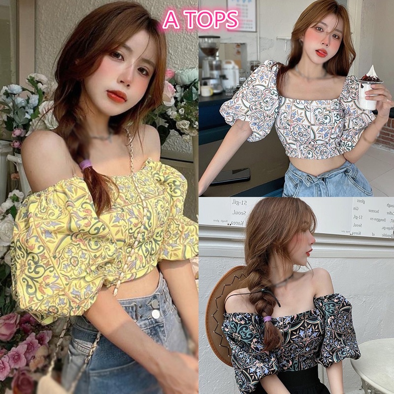 Áo kiểu croptop vải voan tay phồng cổ vuông in hoa xinh xắn cho nữ