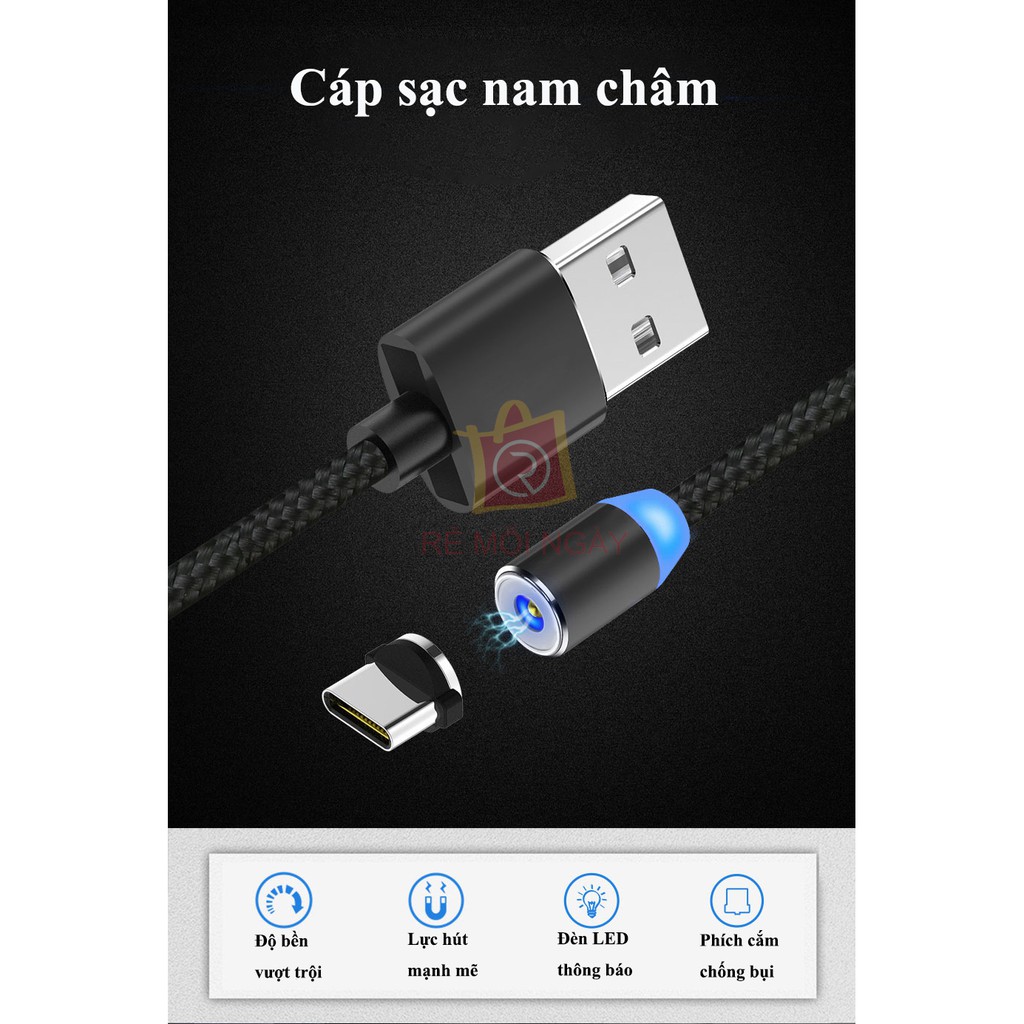 Cáp sạc TOPK 3 đầu nam châm , dây dài 2 mét có đèn led thông báo