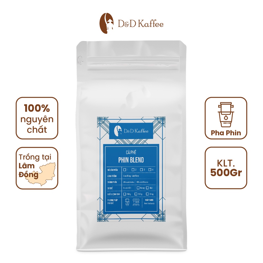 Bộ 2 Gói 500gr Cà phê Phin Blend Nguyên chất 100% rang mộc, D&amp;D Kaffee (Tặng 3 gói cà phê phin giấy)