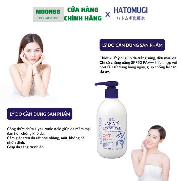 Sữa dưỡng thể chống nắng Hatomugi UV Care &amp; Moisturing SPF31 PA+++ 250ml Moon68