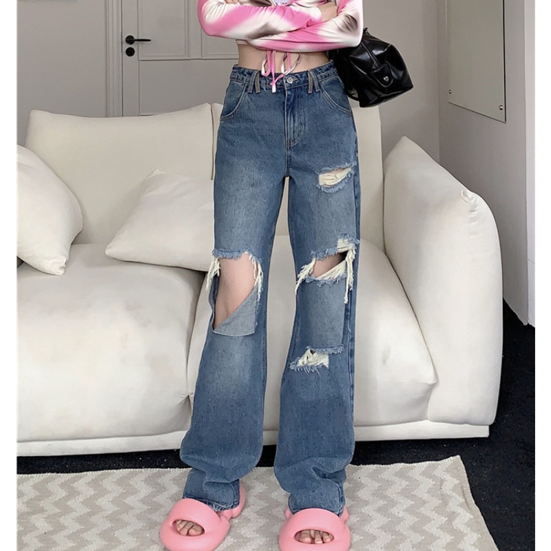 Quần Jean Nữ Ống Rộng Rách Gối Thời Trang