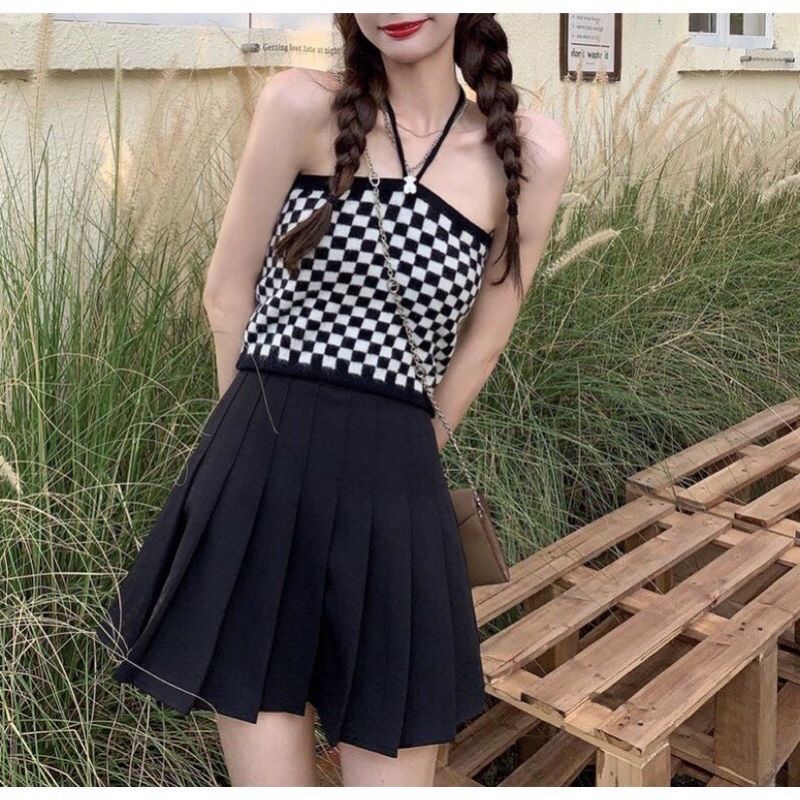 Set áo Len nữ kẻ caro gồm 1 áo khoác CROPTOP tay cánh dơi kèm áo 2 dây