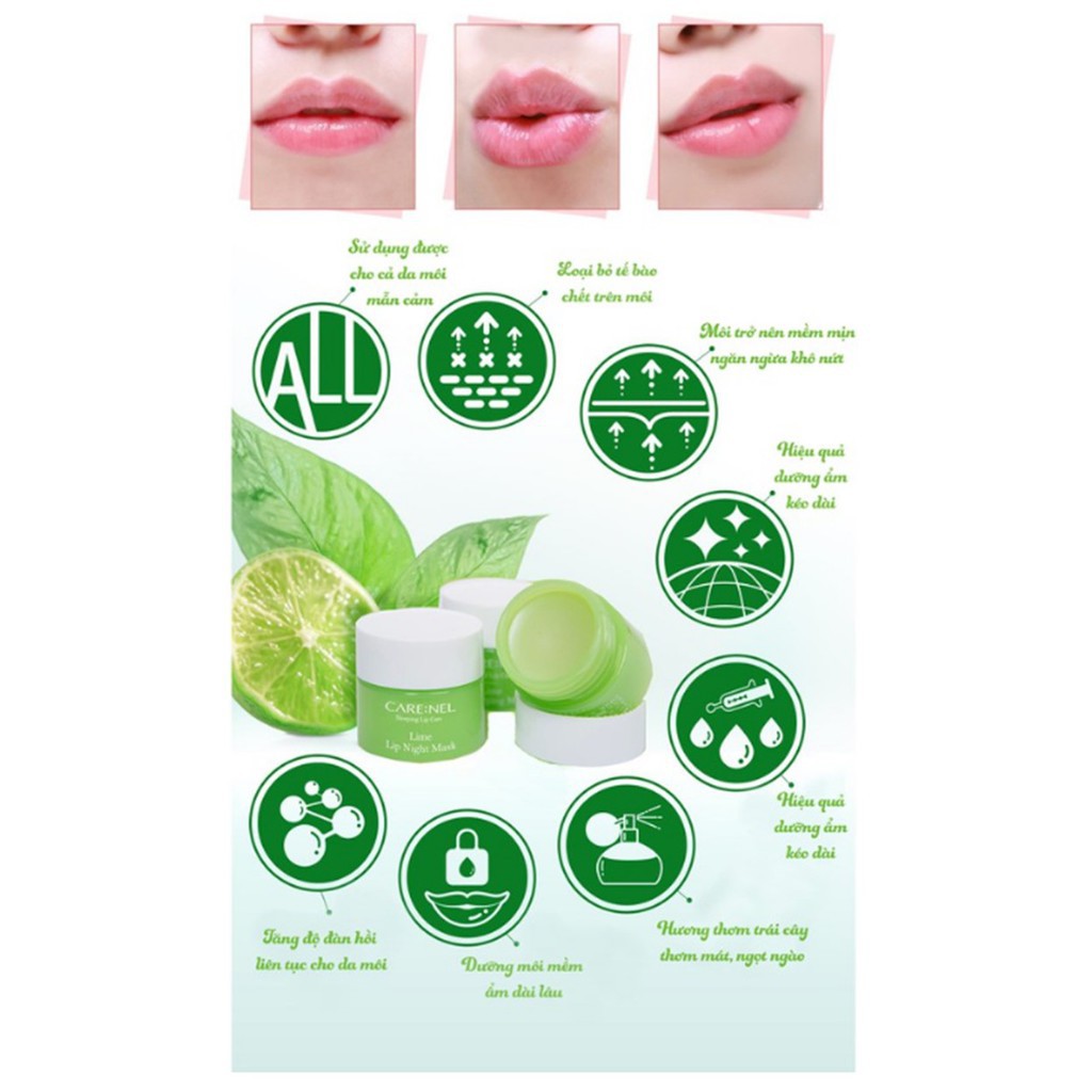 Mặt nạ ngủ môi Carenel, dưỡng môi, căng bóng mềm mịn, tẩy tế bào chết môi, hương chanh Carenel Lime Lip Night Mask 5g
