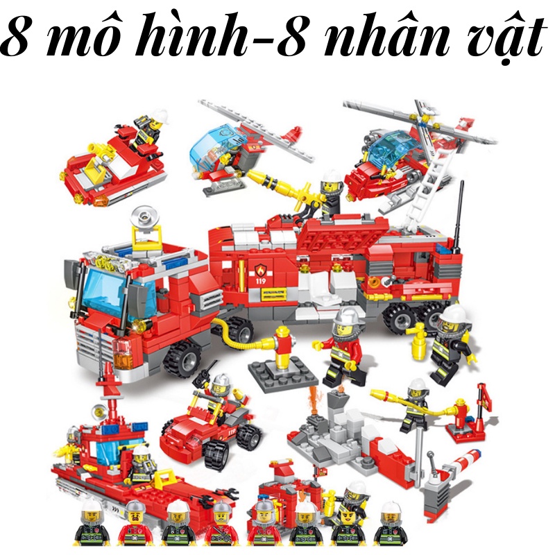 Bộ đồ chơi lắp ráp xe cứu hỏa 700 chi tiết, logo xếp hình mô hình cảnh sát cứu hỏa đồ chơi cho bé