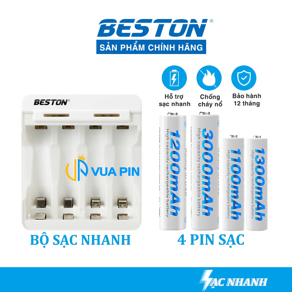 Bộ sạc nhanh kèm 4 pin sạc BESTON chính hãng AA 3000 mAh / AA 1200 mAh / AAA 1300 mAh / AAA 1100 mAh