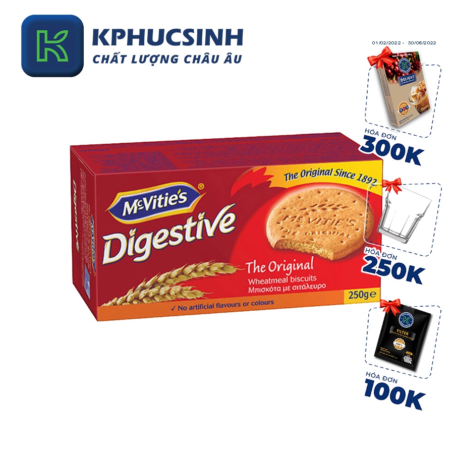 Bánh quy lúa mì nguyên cám truyền thống Mcvitie's Digestive orginal 250g KPHUCSINH - Hàng Chính Hãng