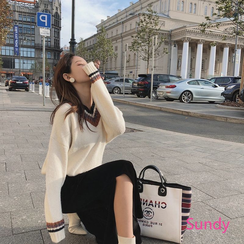 Áo Sweater Dáng Rộng Cổ Chữ V Xinh Xắn Thời Trang Thu Đông Dành Cho Nữ