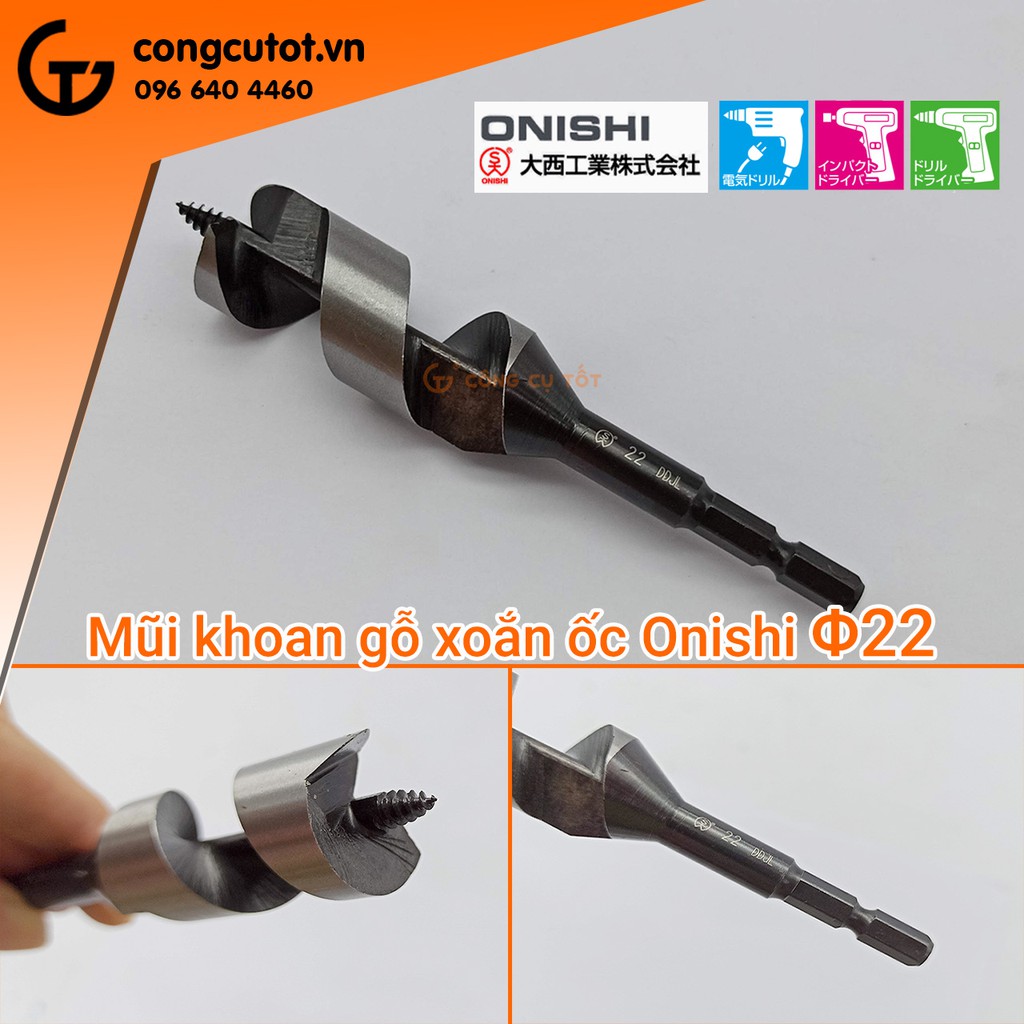 Mũi khoan gỗ xoắn ốc Auger Φ22 dài rãnh 70mm chuôi lục Onishi Nhật Bản