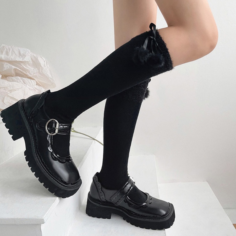 Tất đầu gối bắp chân giả len dệt kim nơ satin bóng nhung phong cách lolita dễ thương cho nữ sinh đi giày bốt