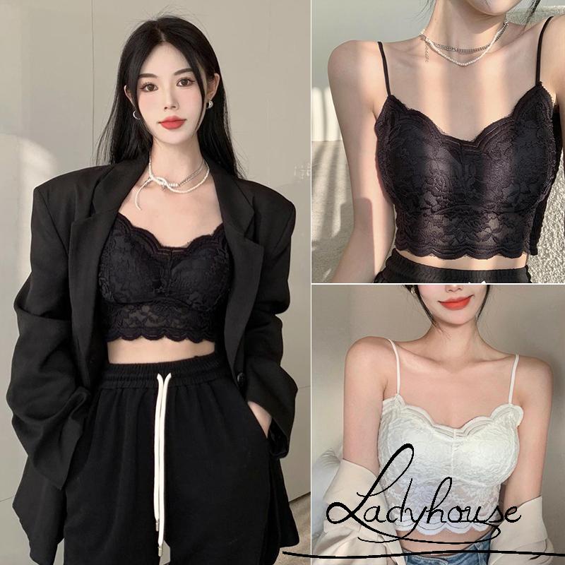 Áo Lót Bralette Hai Dây Có Mút Đệm Phối Ren Màu Trắng/Đen Dành Cho Nữ
