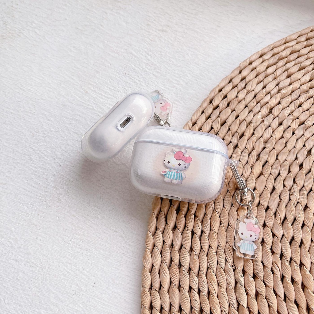 Vỏ Bảo Vệ Hộp Sạc Tai Nghe AirPods 1 2 pro 3 2021 gen3 Bằng Silicon Tpu Mềm Trong Suốt Hình Mèo Kitty Dễ Thương Kèm Móc Treo Chống Thất Lạc