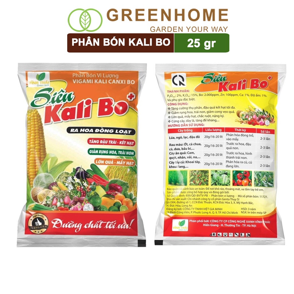 Phân bón Kali bo, gói 25g, kích thích ra hoa, quả to, chắc ruột, tăng độ ngọt | Greenhome