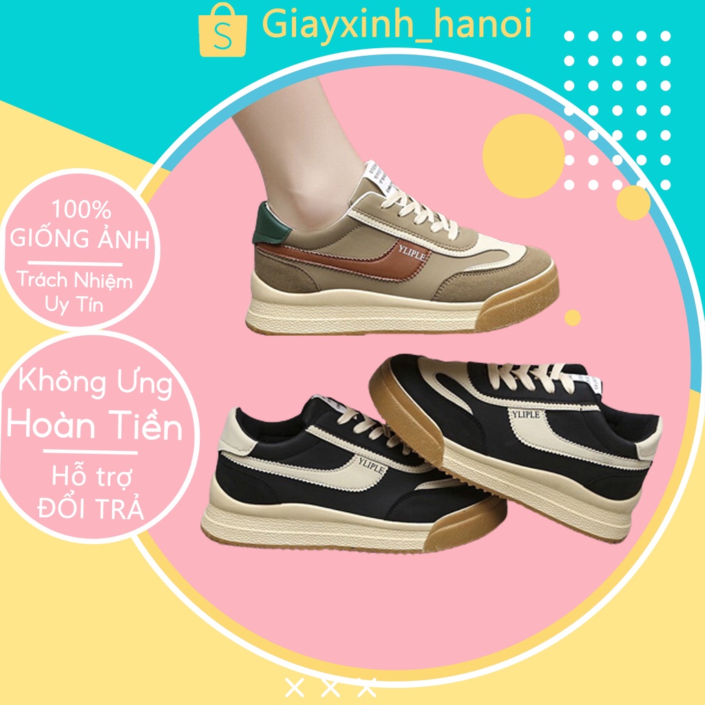 Giày thể thao nữ đế bằng phối da, giày Sneaker nữ cách điệu kiểu dáng Hàn Quốc