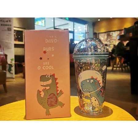 % 1 Đổi 1 - Freeship% Ly giữ nhiệt kim tuyến hình Khủng Long siêu cute,có ống hút