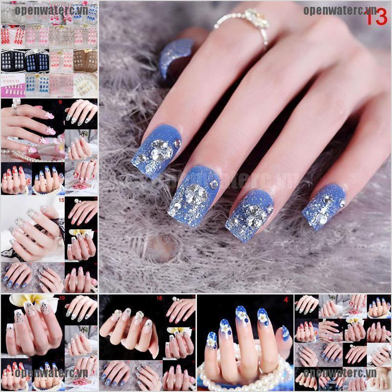 Set 24 Móng Tay Giả Trong Suốt Xâu Hạt Hình Hoa Trang Trí DIY Đa Ứng Dụng