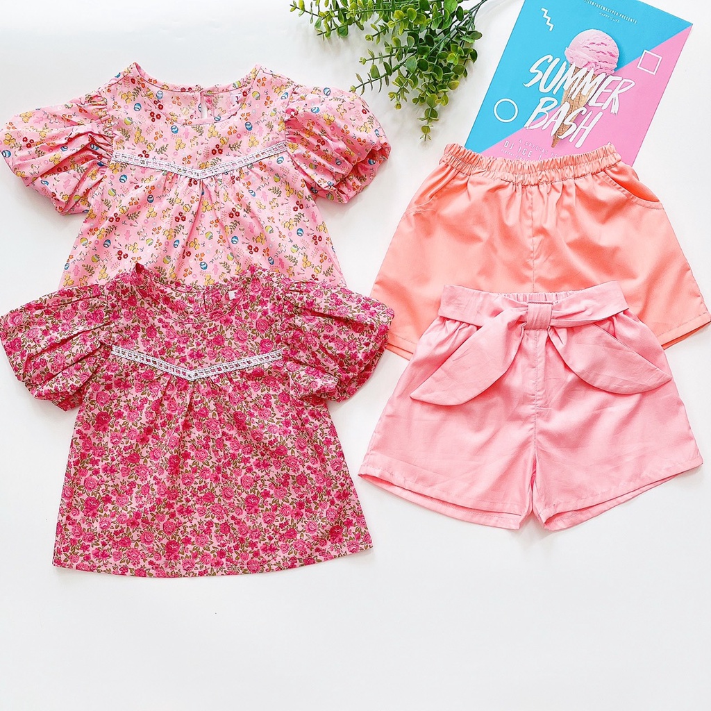 Bộ cotton hoa tay phồng mùa hè xinh xắn dành cho cho bé gái từ 12kg đến 33kg