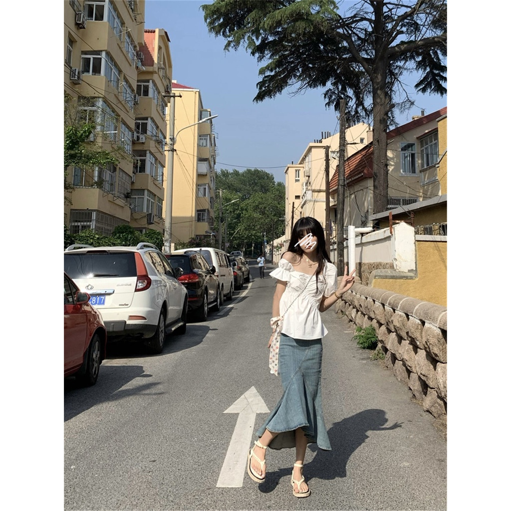 Chân váy jean đuôi cá lưng cao phong cách retro thời trang đáng yêu cho nữ