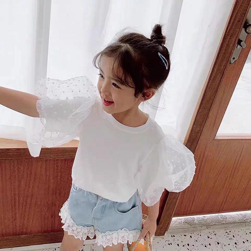 Set Áo Ren Tay Phồng + Quần Short Jeans Cho Bé Gái