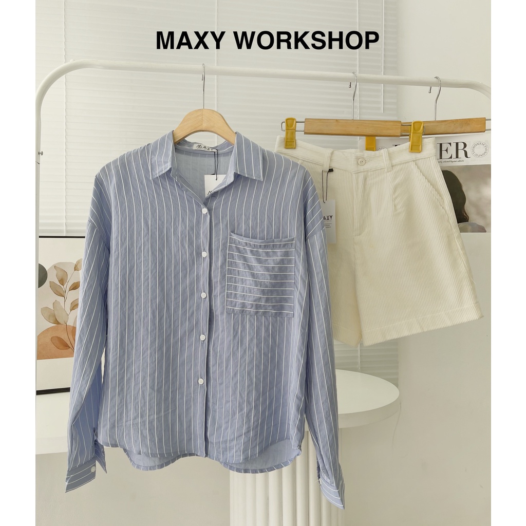 Áo sơ mi tay dài có túi họa tiết kẻ sọc thời trang Shirt Maxy Workshop