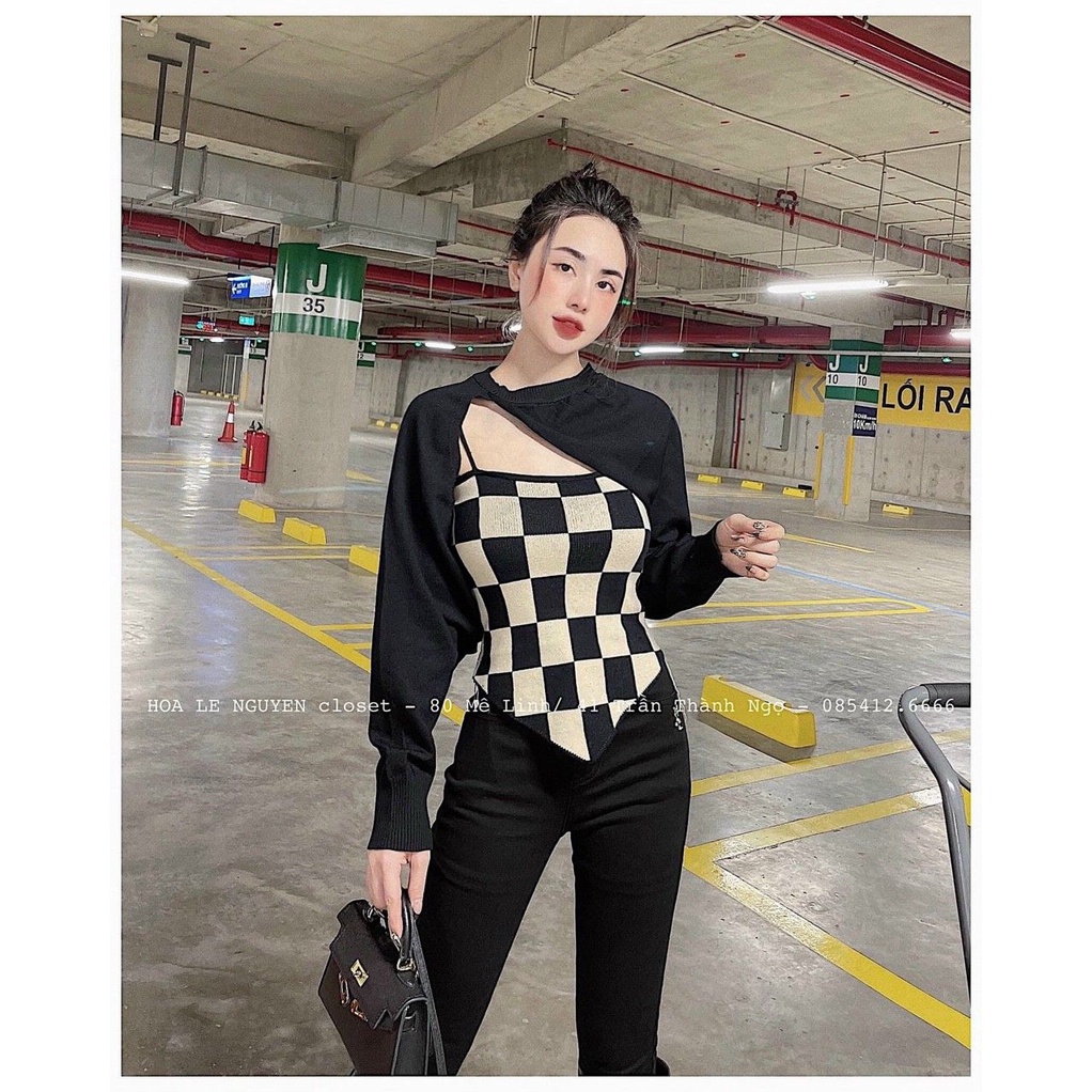 Sét áo 2 dây vạt kẻ ô + len khoác Quảng châu