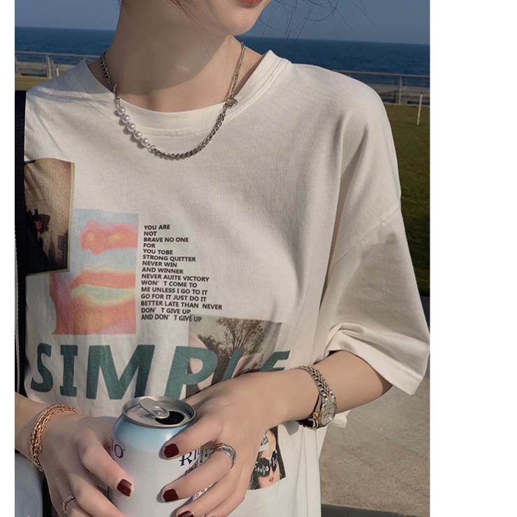 Áo Thun Tay Ngắn Cổ Tròn Hoạ Tiết In Phong Cách Hàn Quốc