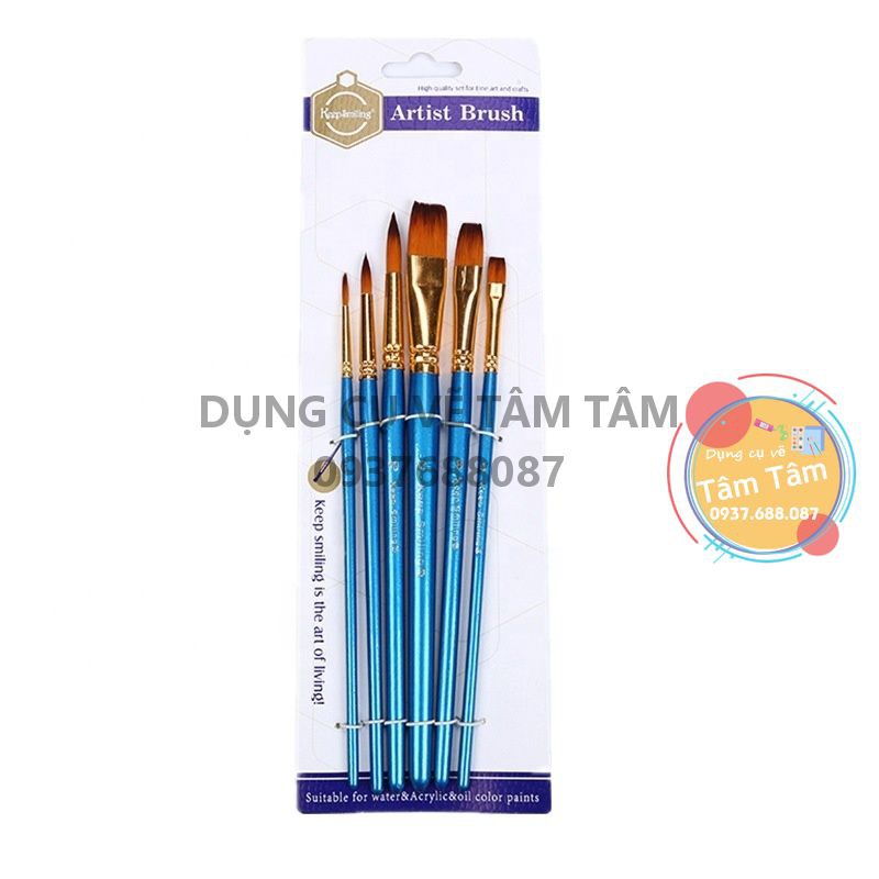 -Bộ cọ vẽ acrylic cán xanh 6 cây Keep Smiling A6077-