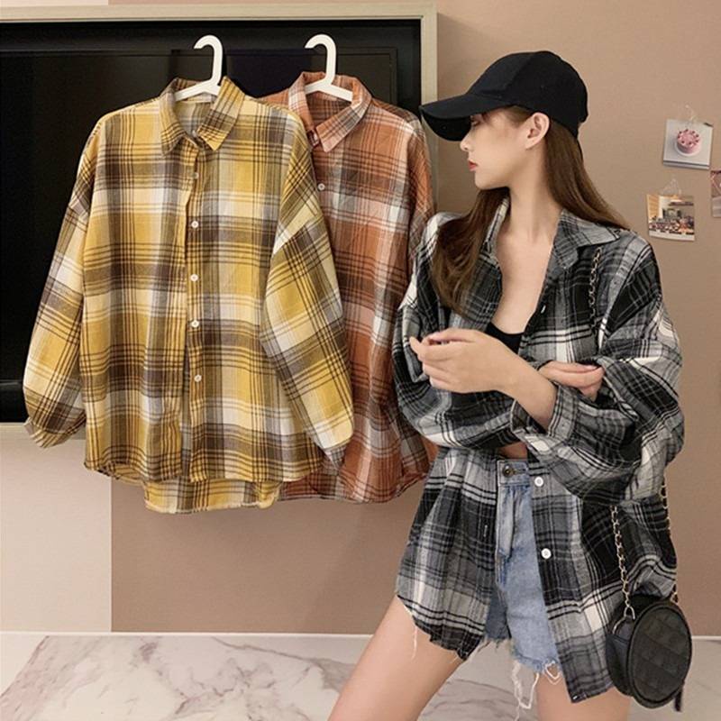 Áo sơ mi tay dài cổ bẻ kẻ sọc caro trẻ trung thời trang cho nữ | BigBuy360 - bigbuy360.vn