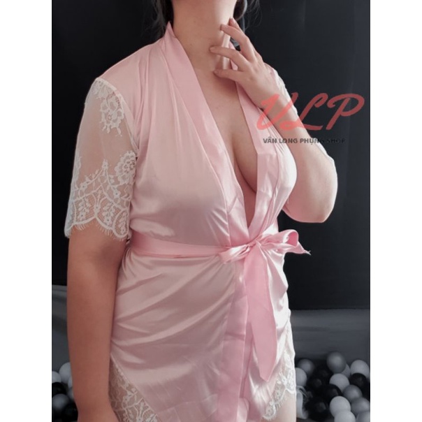 [BIGSIZE_80KG]_DN69_Áo choàng Satin bóng phối ren hồng &amp; xanh