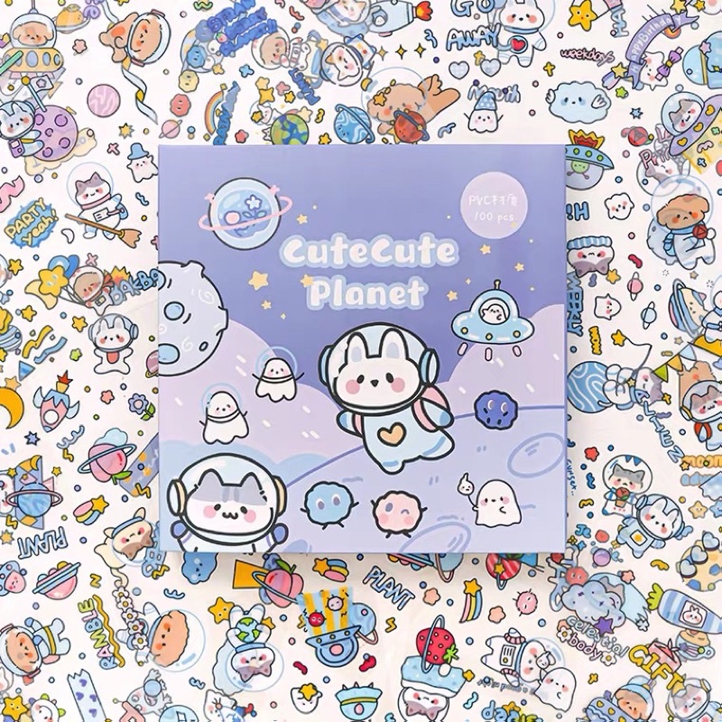 Sticker hộp 100 tấm cute CuteCute Planet  - Tặng Hình Xăm Dán