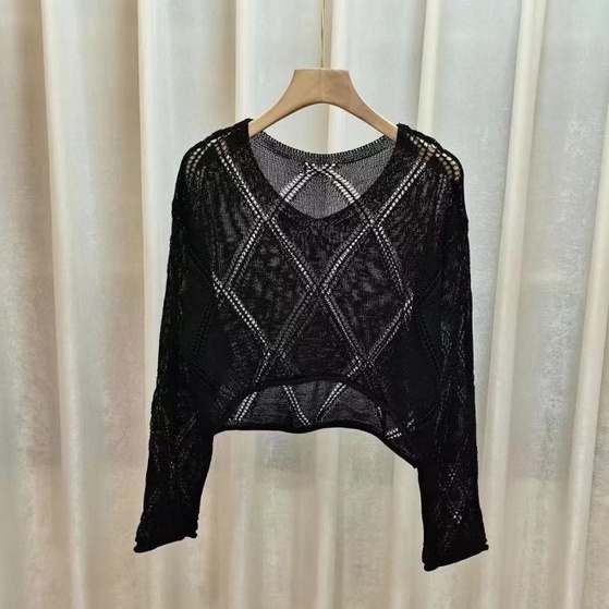 Áo Sweater Dệt Kim Cổ V Tay Dài Họa Tiết Hình Thoi Rỗng Kiểu Hàn Quốc Thời Trang Cho Nữ