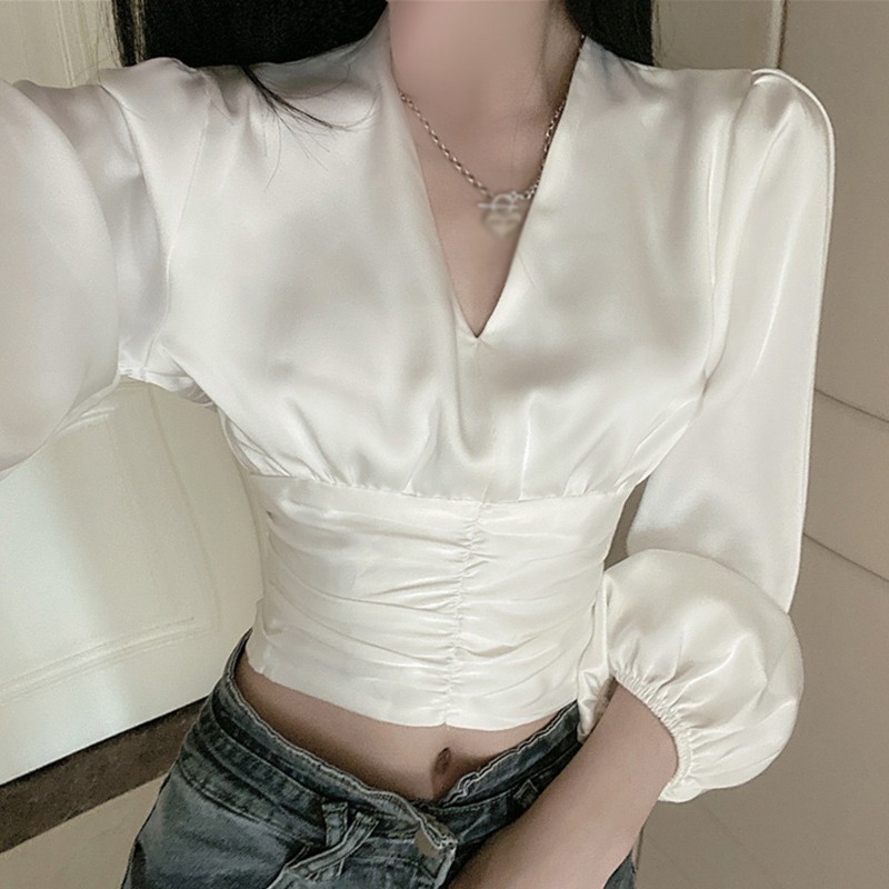 Áo Croptop Tay Dài Cổ Chữ V Màu Sắc Đơn Giản Phong Cách Hàn Quốc Quyến Rũ Cho Nữ