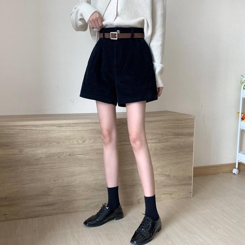 Quần shorts nữ nhung tăm kèm đai ba màu đen nâu kem đậm cạp lưng cao quần đùi nữ phong cách hàn quốc MÃ 912
