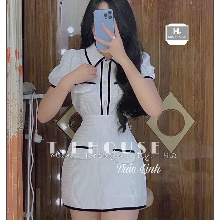 Set Váy Đầm Vân Hoa Hồng Mix Áo Tay Bồng Lé Viền, Set Thiết Kế Công Sở Hoa Xốp Vân Hoa Hồng